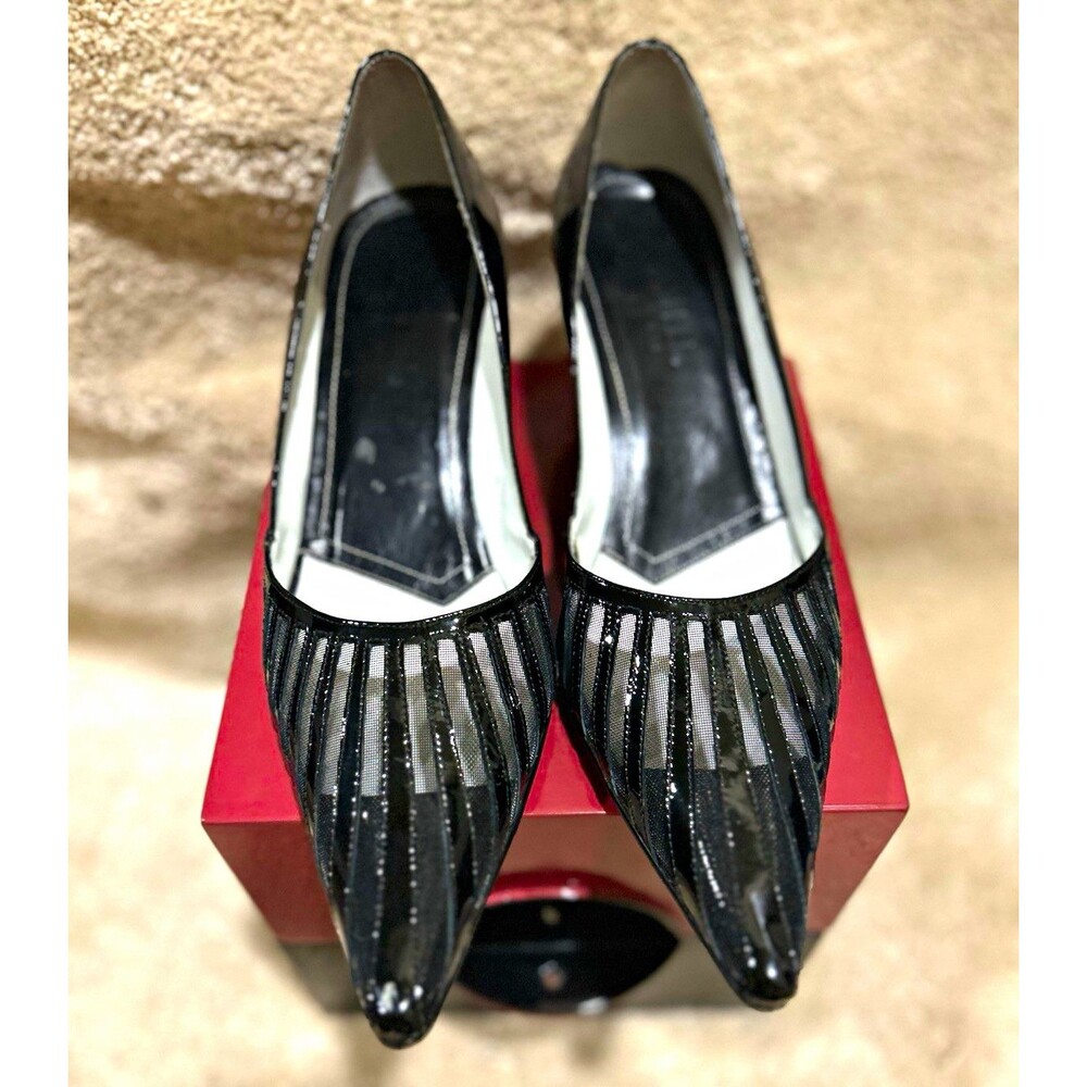 VanEli women’s Black Patent Leather Pointed Toe Slip-On Stiletto Pumps, Striped